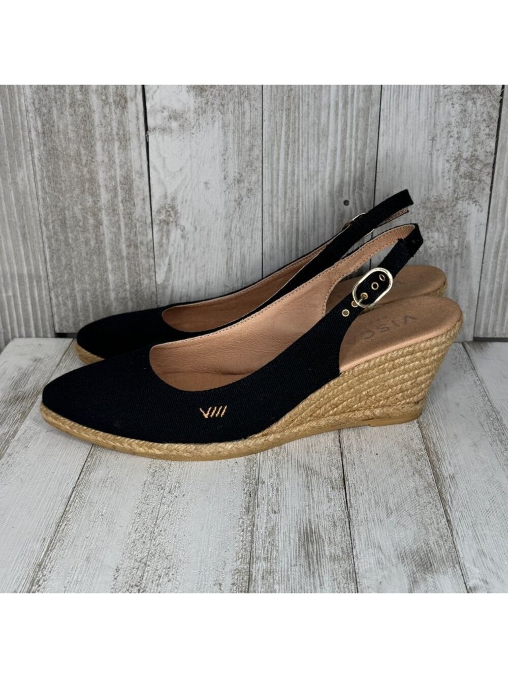Viscata Palomera Black Canvas Espadrille Wedges Slingback Size 40